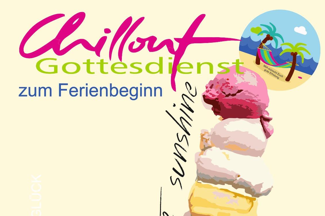ein Plakat mit der Einladung zum Feriengottesdienst in die Mia am 6.Juli um 18:15 Uhr.